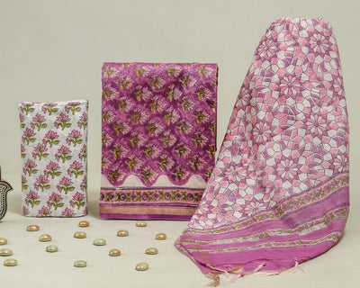 Exclusive Hand Block Print Chanderi Silk Suit Set ( CN0322 )