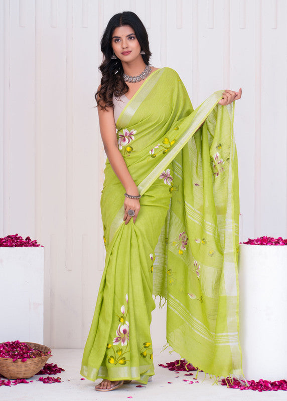 Hand Block Printed Cotton Linen Saree With Blouse ( LS0506 )