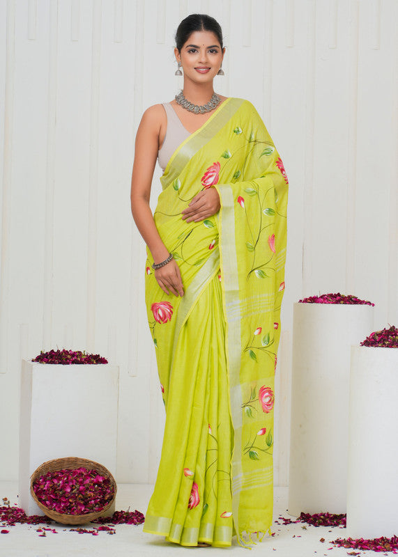 Hand Block Printed Cotton Linen Saree With Blouse ( LS0508 )