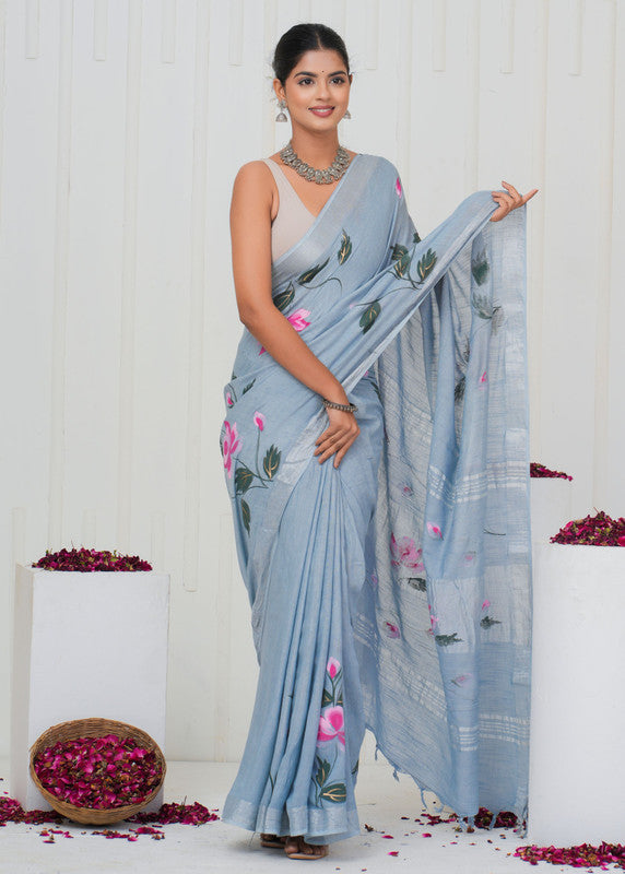 Hand Block Printed Cotton Linen Saree With Blouse ( LS0509 )