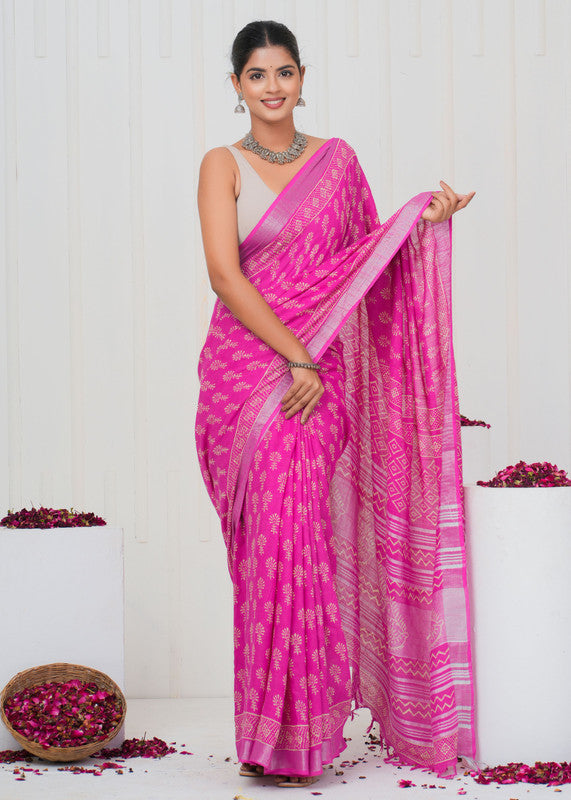 Hand Block Printed Cotton Linen Saree With Blouse ( LS0510 )