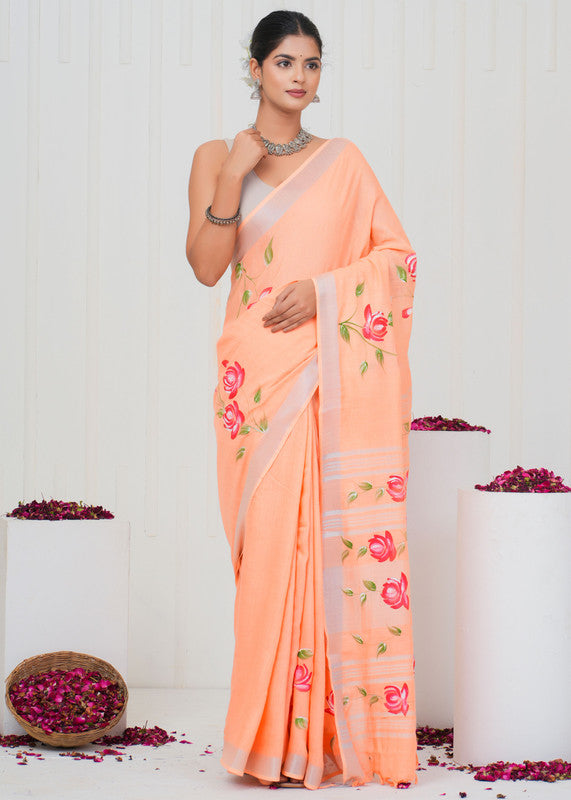 Hand Block Printed Cotton Linen Saree With Blouse ( LS0512 )