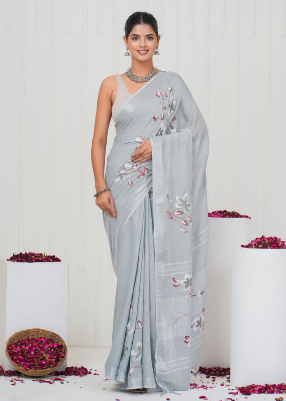 Hand Block Printed Cotton Linen Saree With Blouse ( LS0513 )