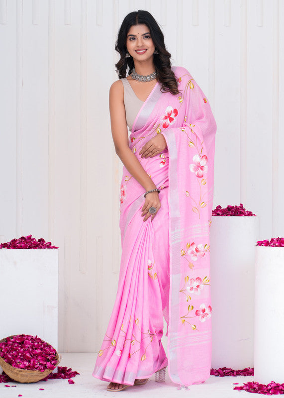 Hand Block Printed Cotton Linen Saree With Blouse ( LS0501 )