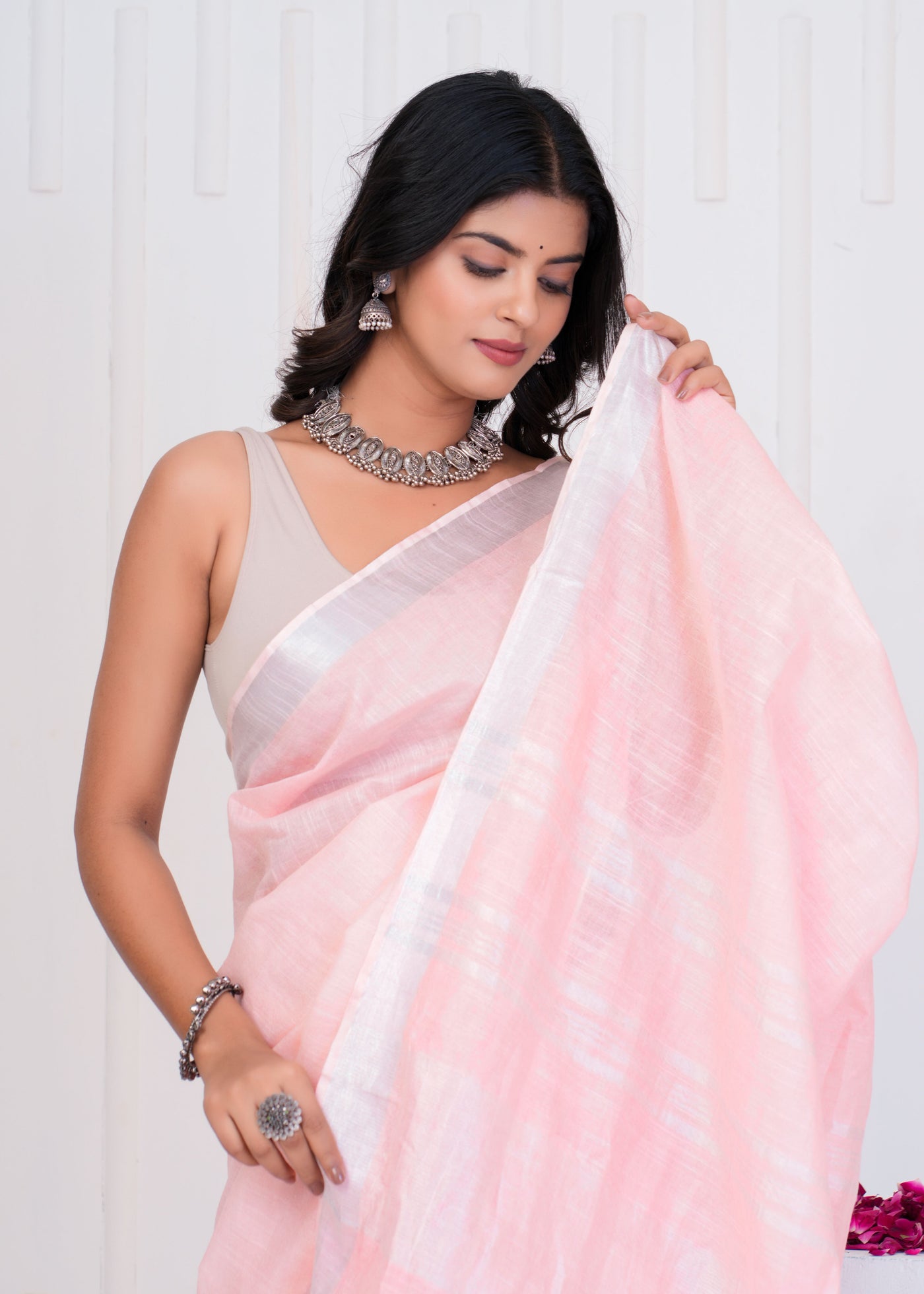 Plain Cotton Linen Saree With Blouse ( LS0531 )