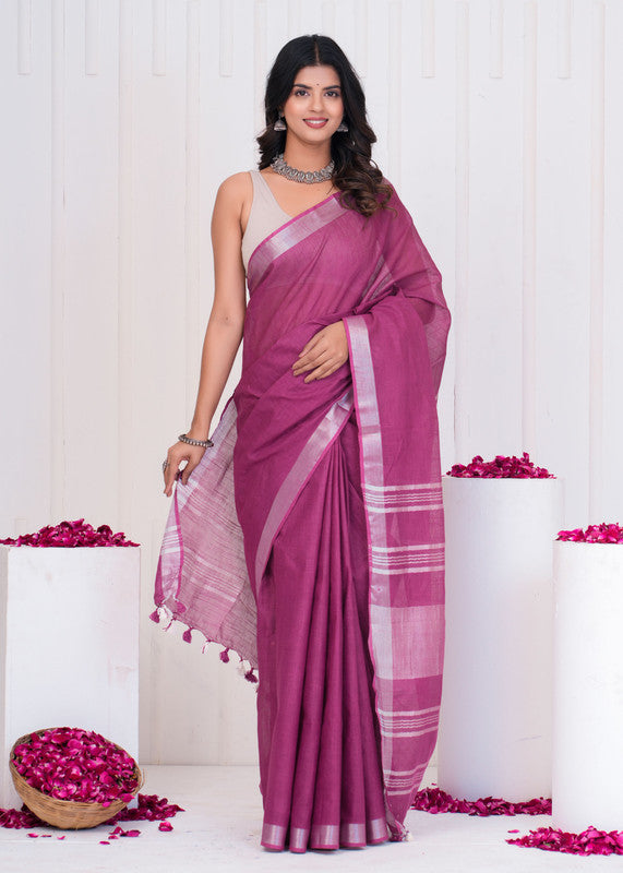 Plain Cotton Linen Saree With Blouse ( LS0524 )