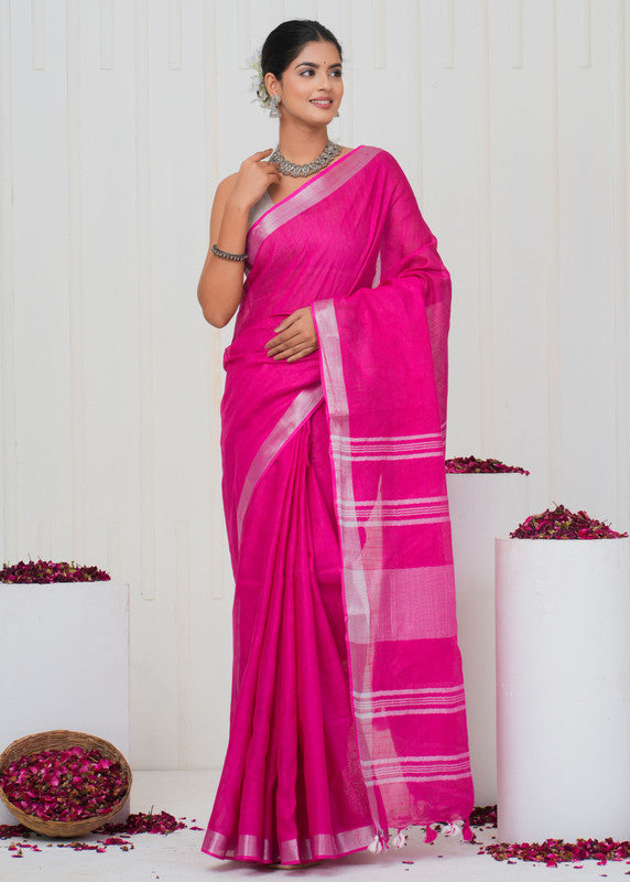 Plain Cotton Linen Saree With Blouse ( LS0527 )