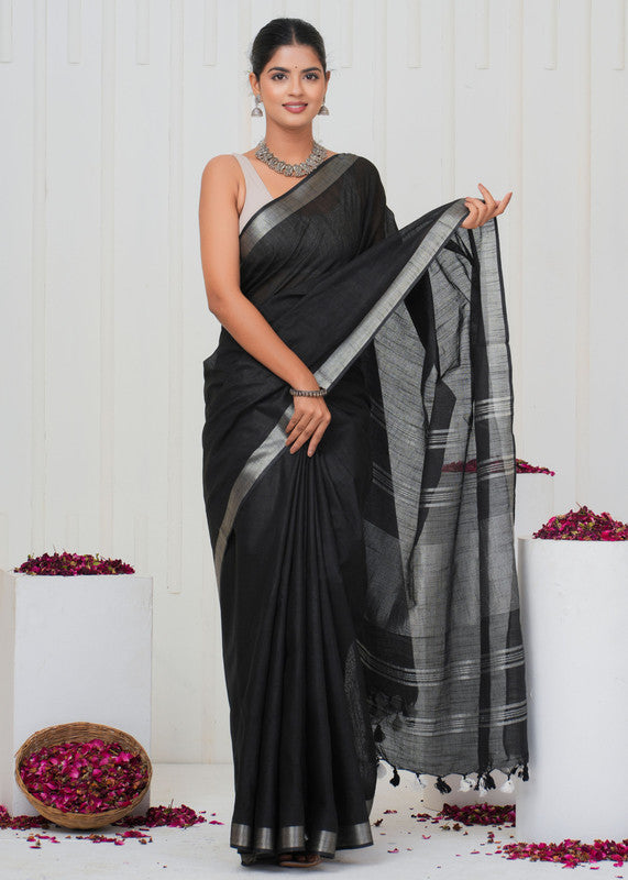 Plain Cotton Linen Saree With Blouse ( LS0528 )