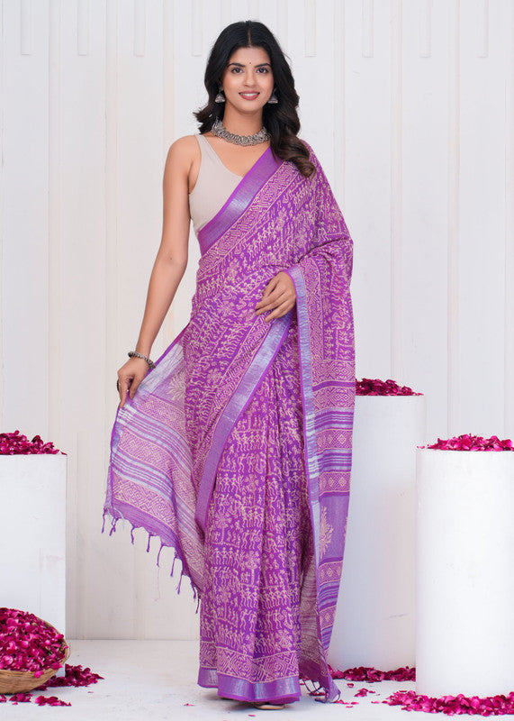 Hand Block Printed Cotton Linen Saree With Blouse ( LS0516 )