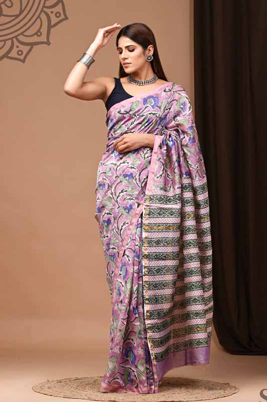 Chanderi Silk Bagru Print Saree with Zari Border ( CS61104)