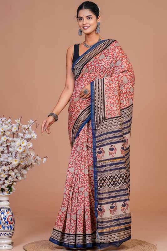 Chanderi Silk Bagru Print Saree with Zari Border ( CS61105)