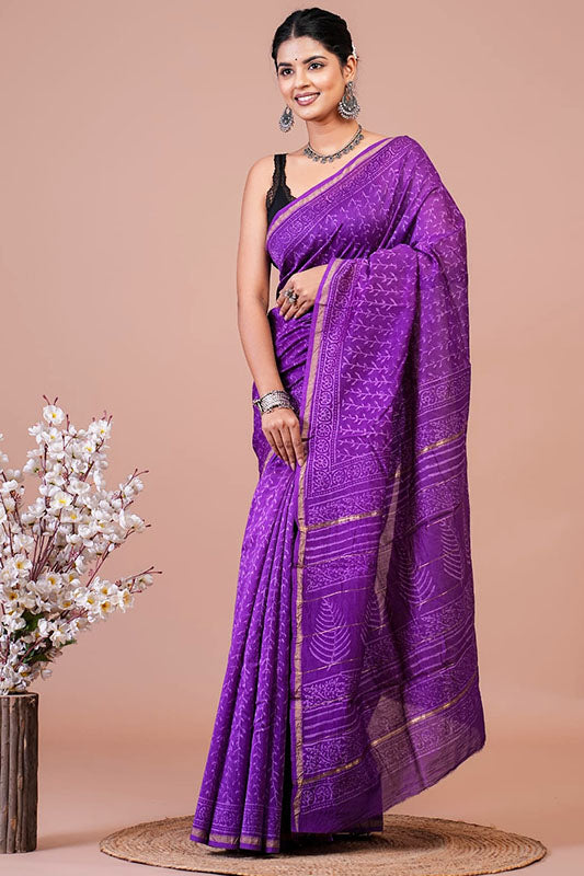 Chanderi Silk Bagru Print Saree with Zari Border ( CS1652)