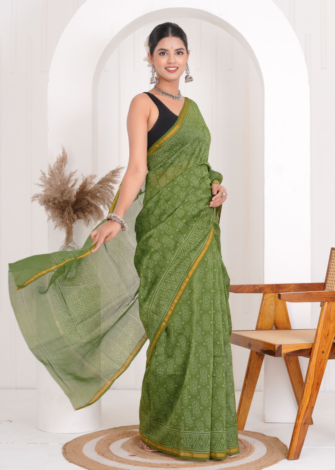Chanderi Silk Bagru Print Saree with Zari Border ( CS4014 )