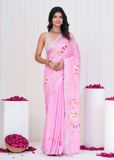 Hand Block Printed Cotton Linen Saree With Blouse ( LS0501 )