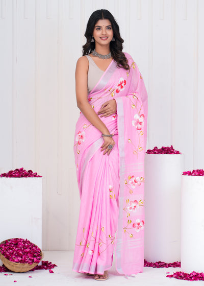 Hand Block Printed Cotton Linen Saree With Blouse ( LS0501 )