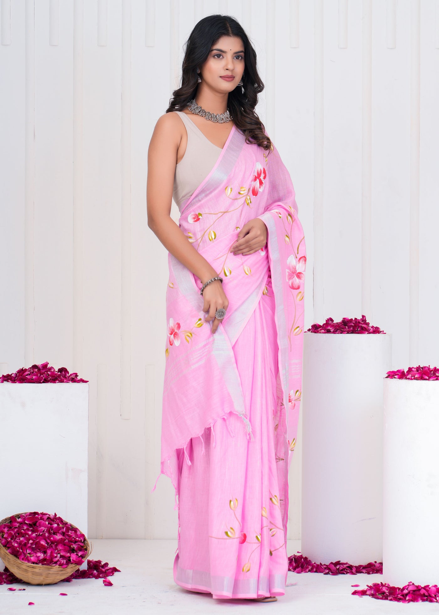 Hand Block Printed Cotton Linen Saree With Blouse ( LS0501 )