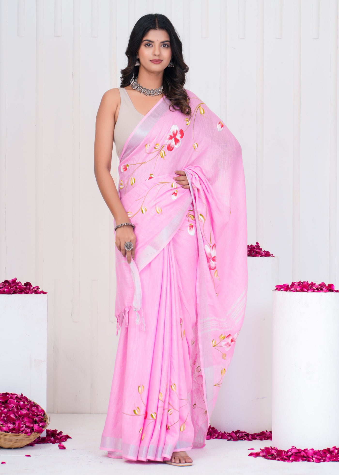 Hand Block Printed Cotton Linen Saree With Blouse ( LS0501 )