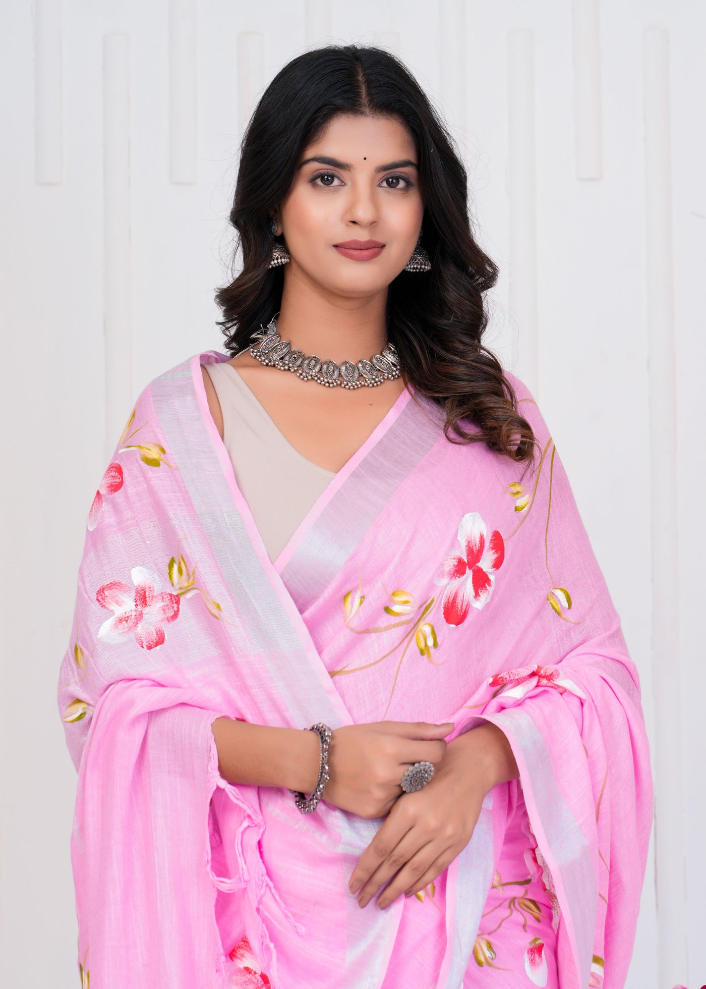 Hand Block Printed Cotton Linen Saree With Blouse ( LS0501 )