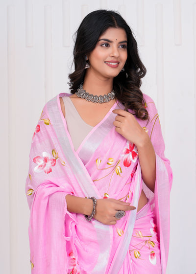 Hand Block Printed Cotton Linen Saree With Blouse ( LS0501 )