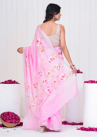 Hand Block Printed Cotton Linen Saree With Blouse ( LS0501 )