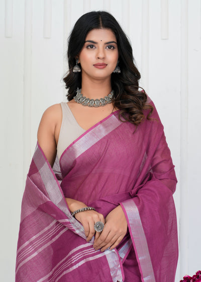 Plain Cotton Linen Saree With Blouse ( LS0524 )