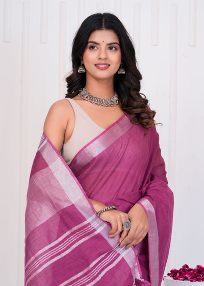 Plain Cotton Linen Saree With Blouse ( LS0524 )