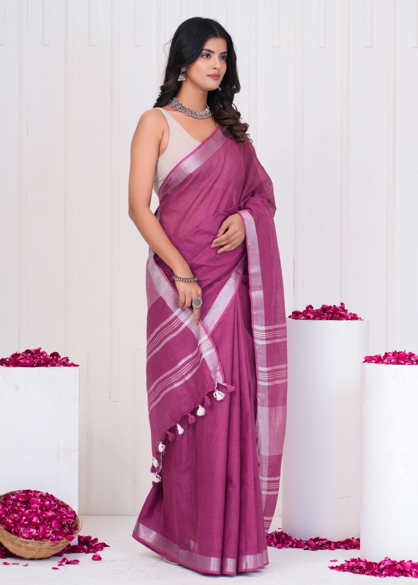 Plain Cotton Linen Saree With Blouse ( LS0524 )