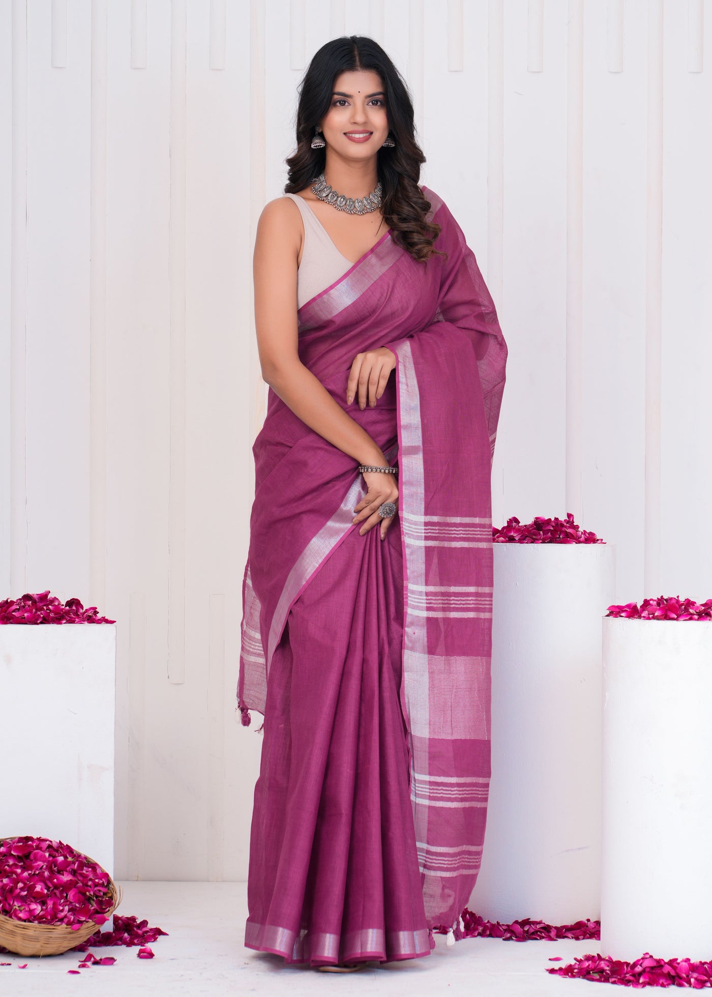 Plain Cotton Linen Saree With Blouse ( LS0524 )