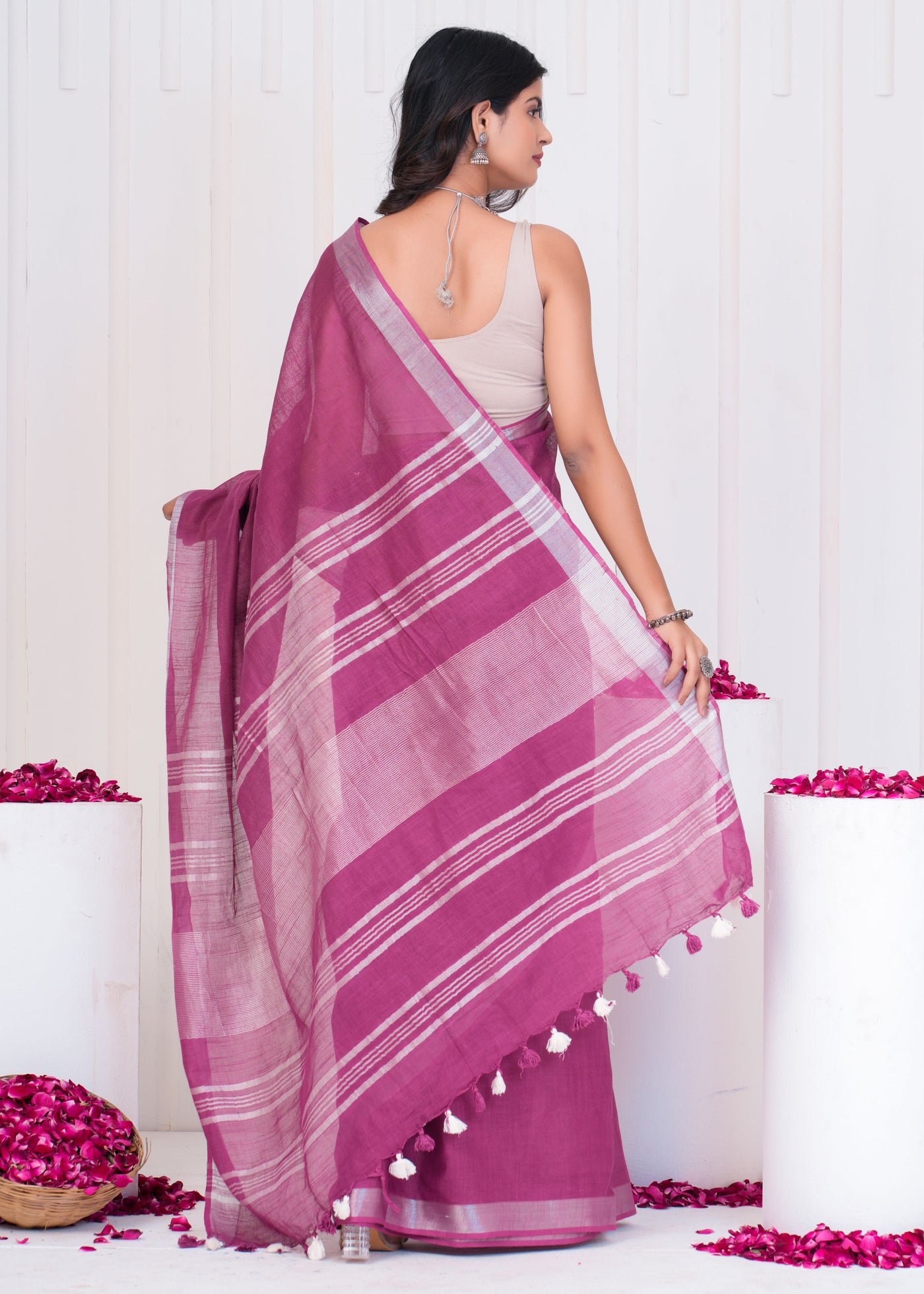 Plain Cotton Linen Saree With Blouse ( LS0524 )