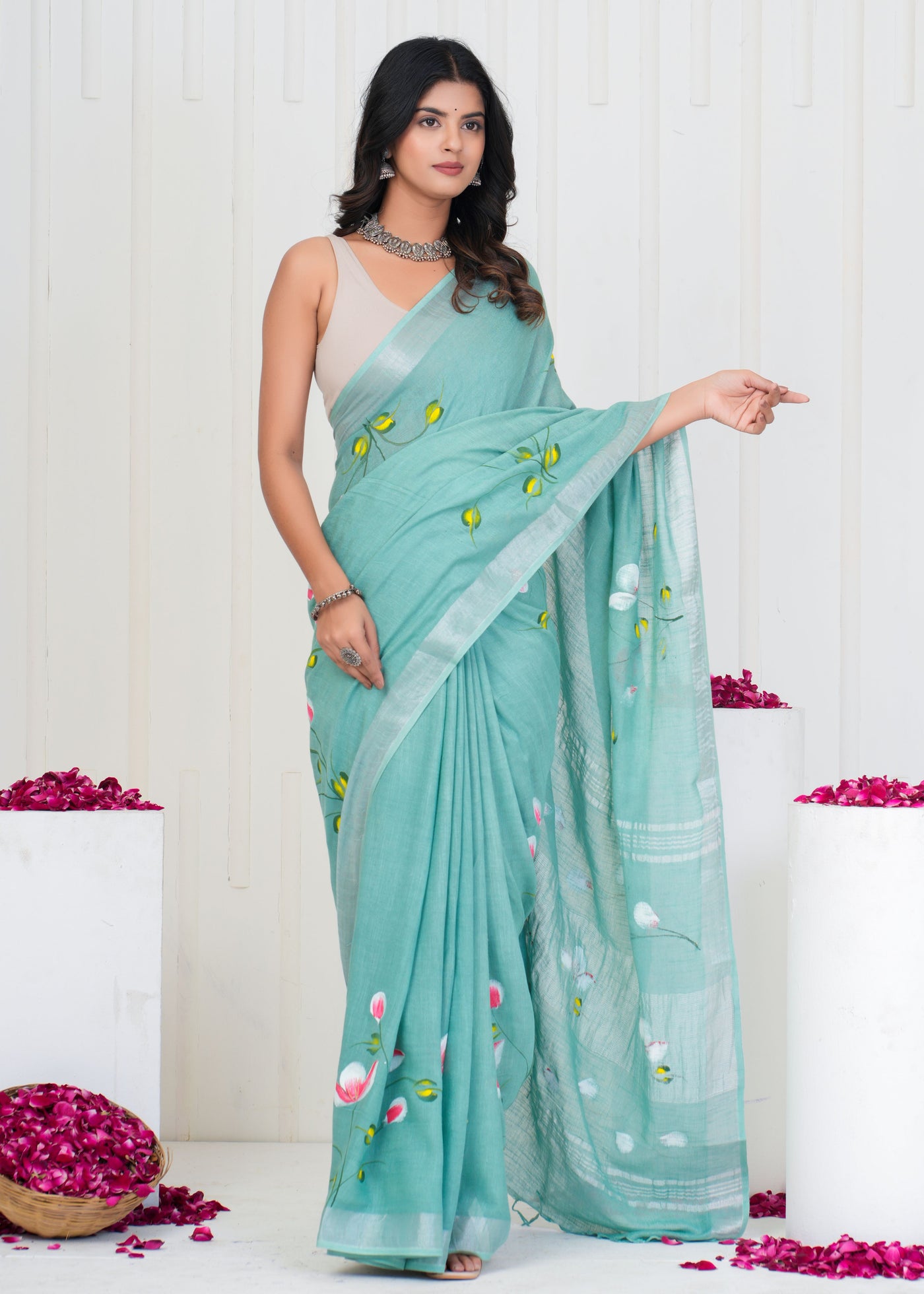 Hand Block Printed Cotton Linen Saree With Blouse ( LS0502 )