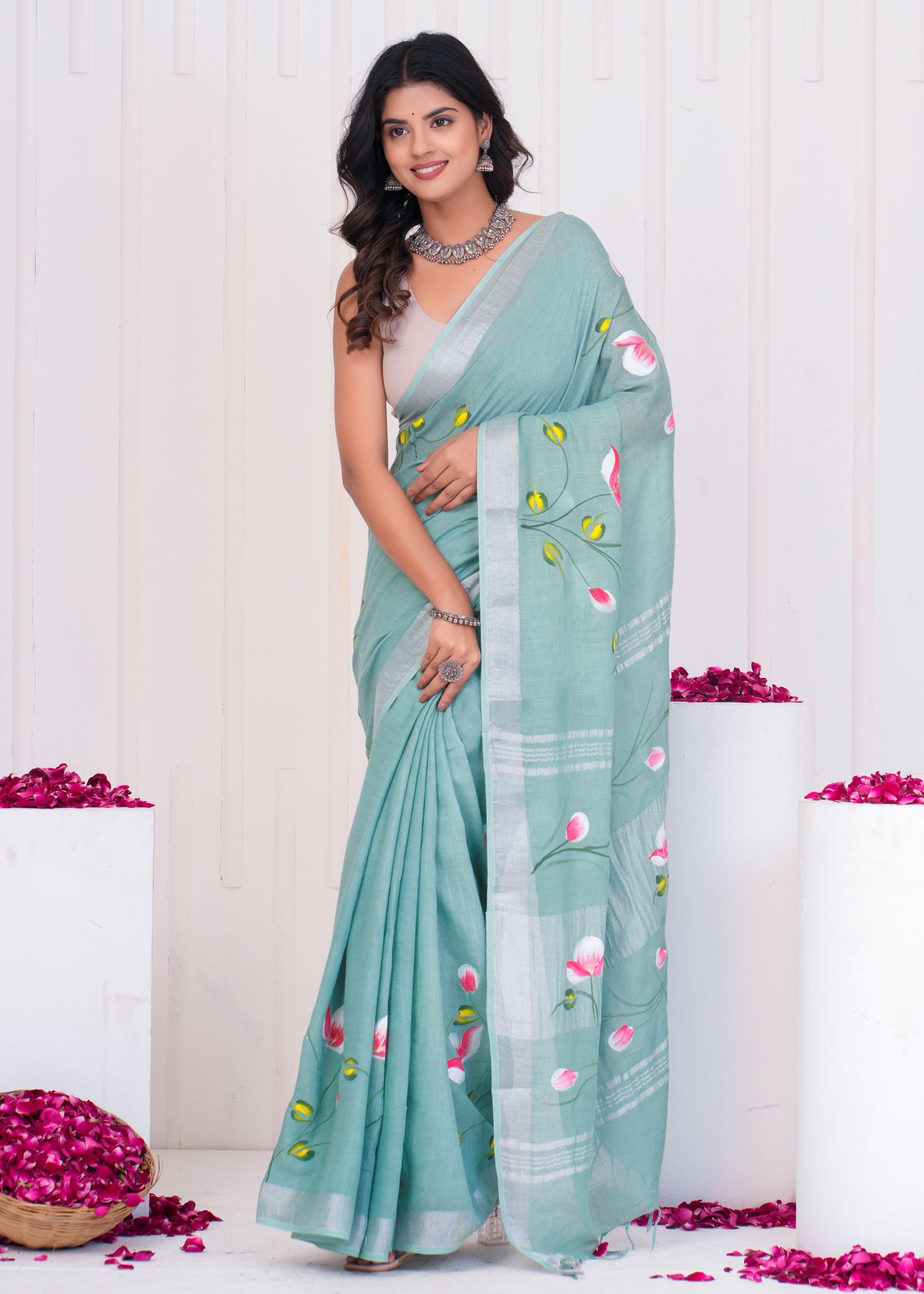 Hand Block Printed Cotton Linen Saree With Blouse ( LS0502 )