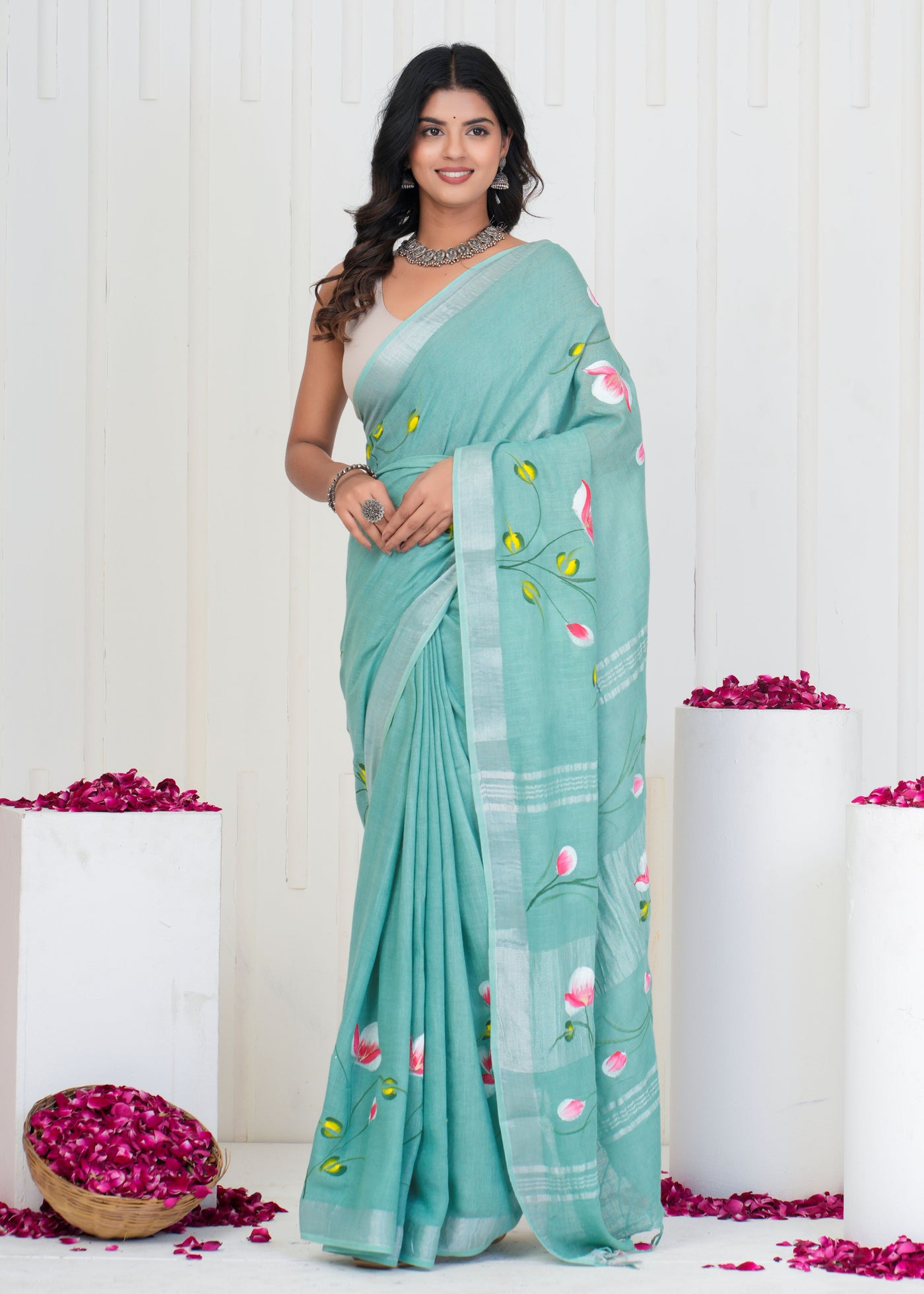 Hand Block Printed Cotton Linen Saree With Blouse ( LS0502 )