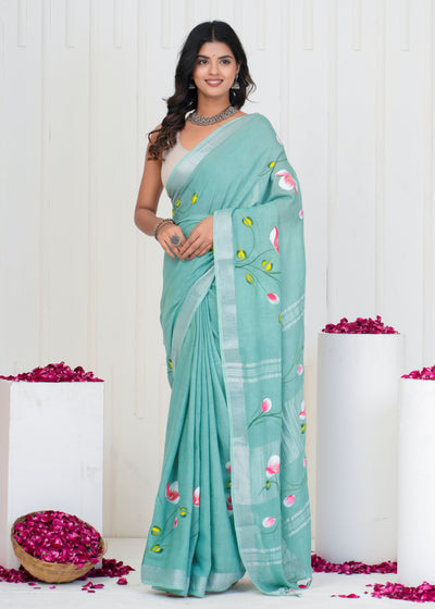 Hand Block Printed Cotton Linen Saree With Blouse ( LS0502 )