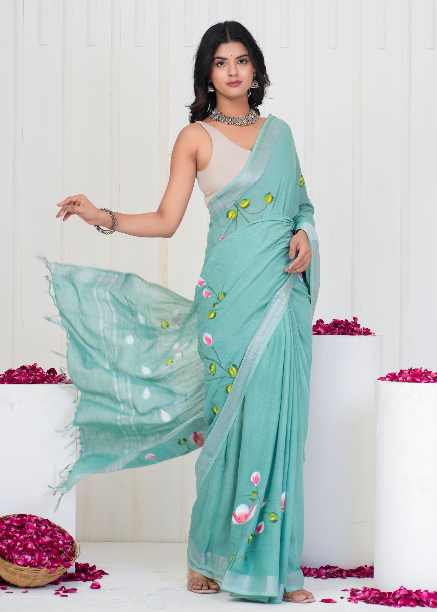 Hand Block Printed Cotton Linen Saree With Blouse ( LS0502 )