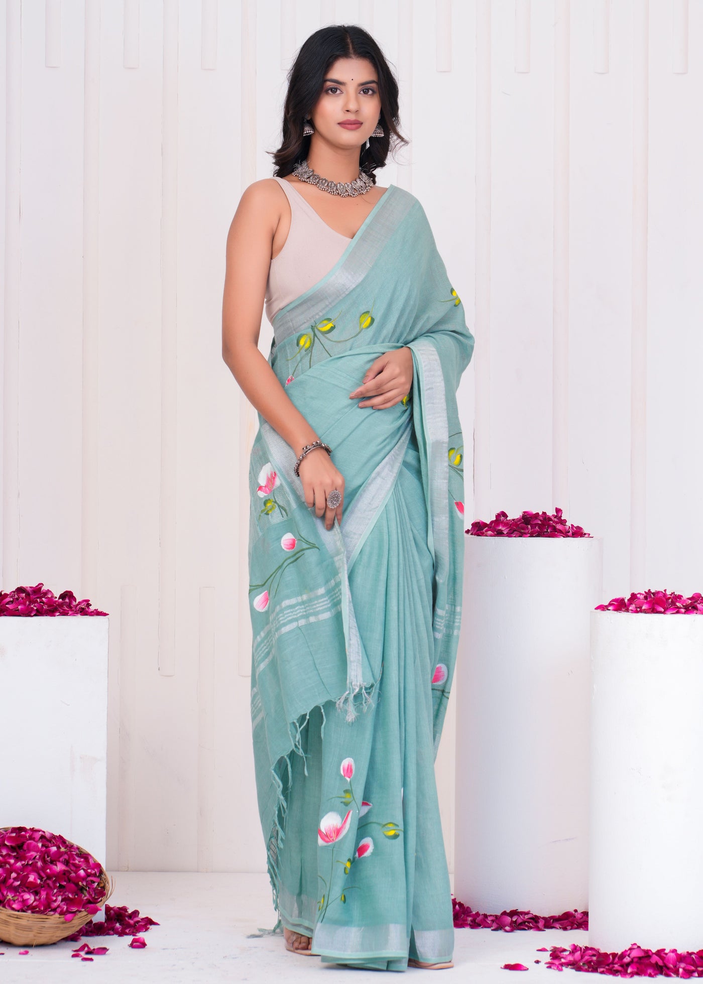 Hand Block Printed Cotton Linen Saree With Blouse ( LS0502 )