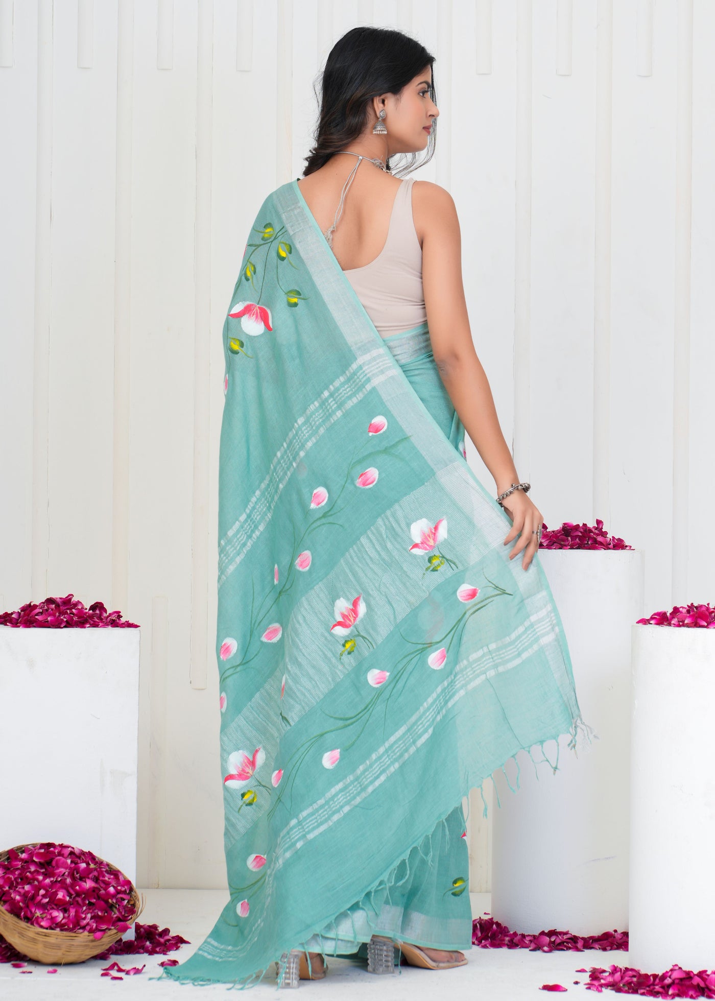 Hand Block Printed Cotton Linen Saree With Blouse ( LS0502 )