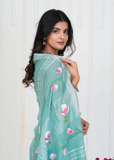 Hand Block Printed Cotton Linen Saree With Blouse ( LS0502 )