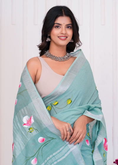 Hand Block Printed Cotton Linen Saree With Blouse ( LS0502 )