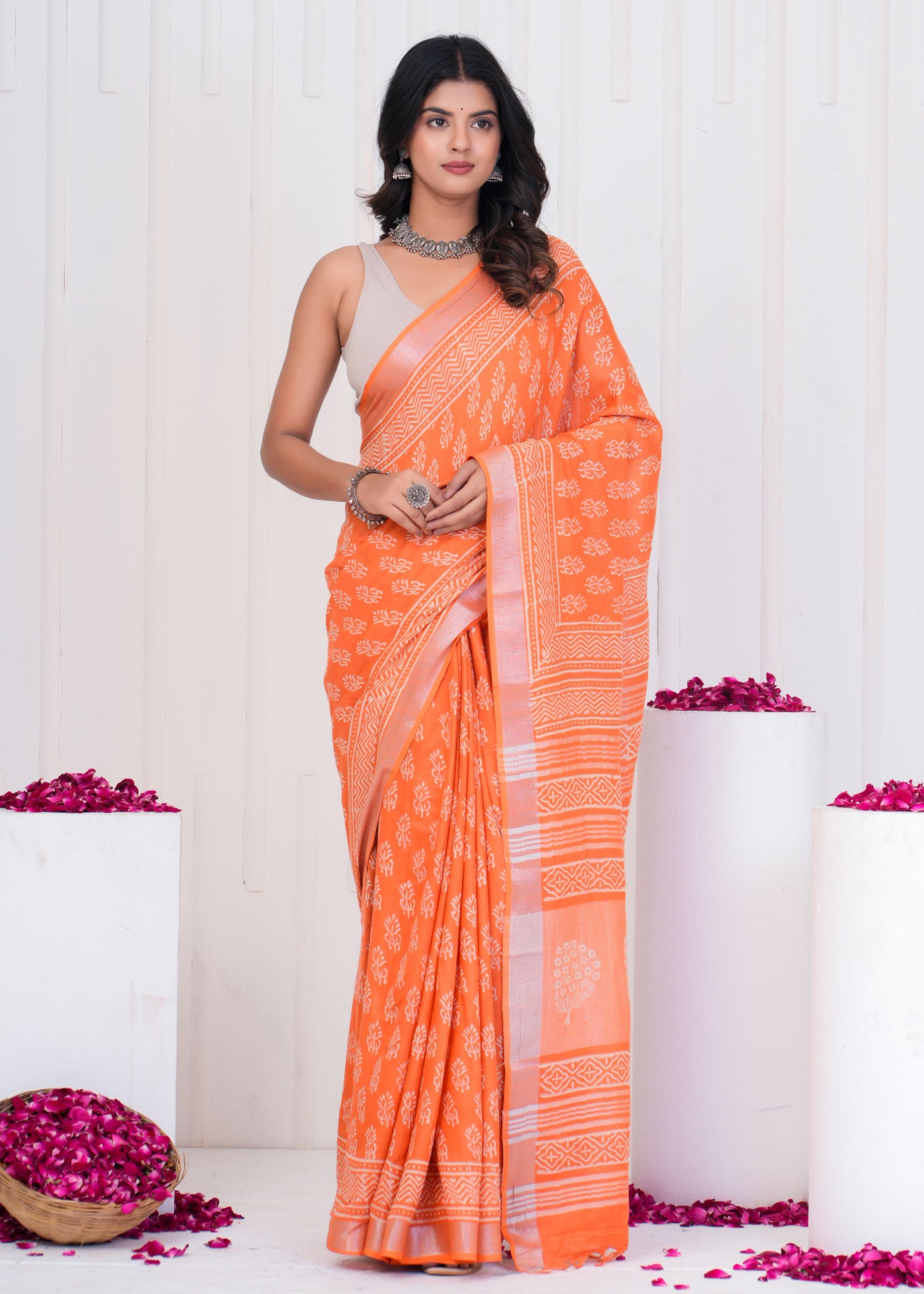 Hand Block Printed Cotton Linen Saree With Blouse ( LS0503 )