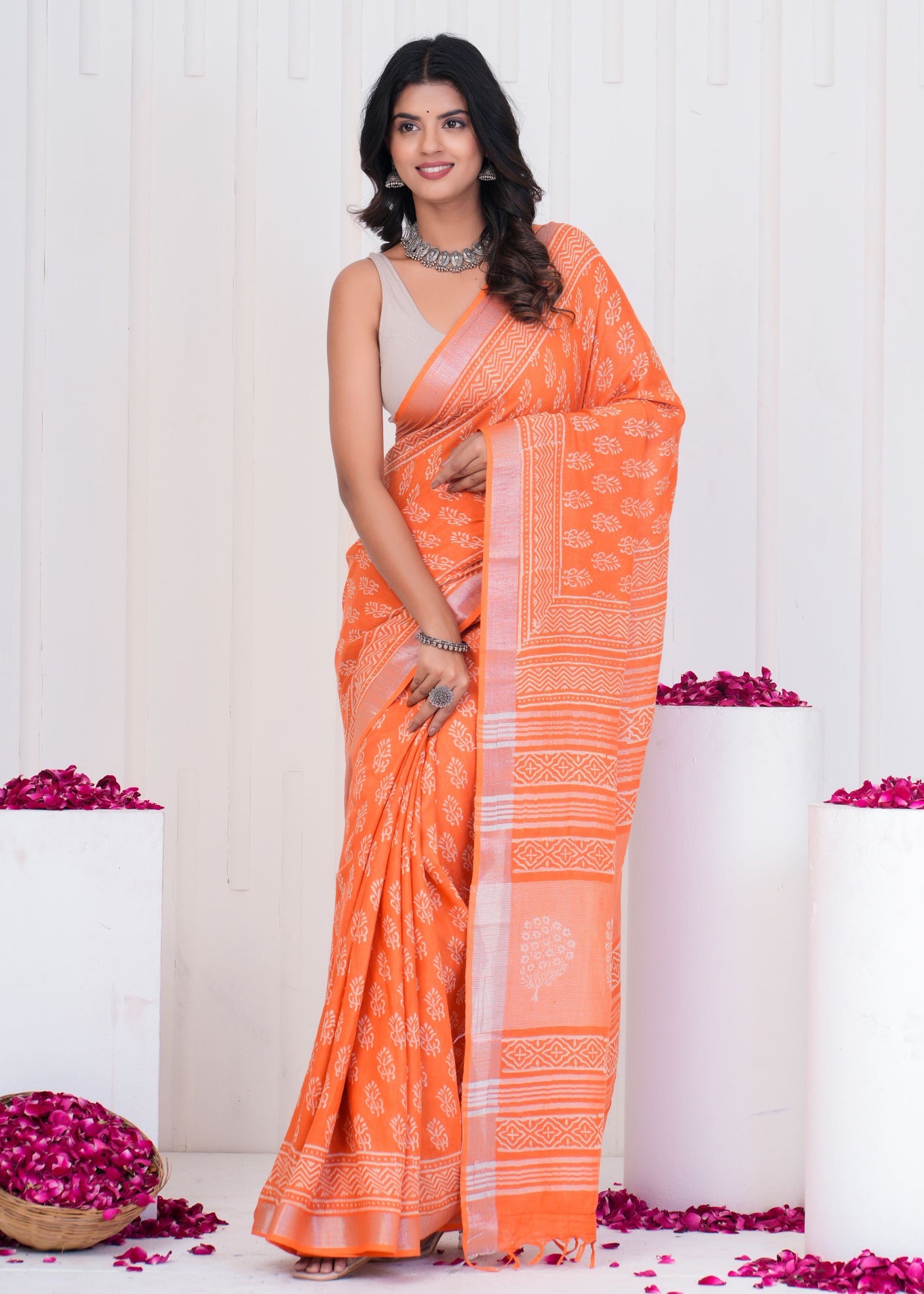 Hand Block Printed Cotton Linen Saree With Blouse ( LS0503 )