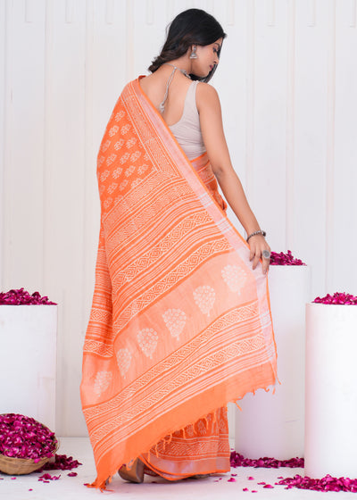 Hand Block Printed Cotton Linen Saree With Blouse ( LS0503 )