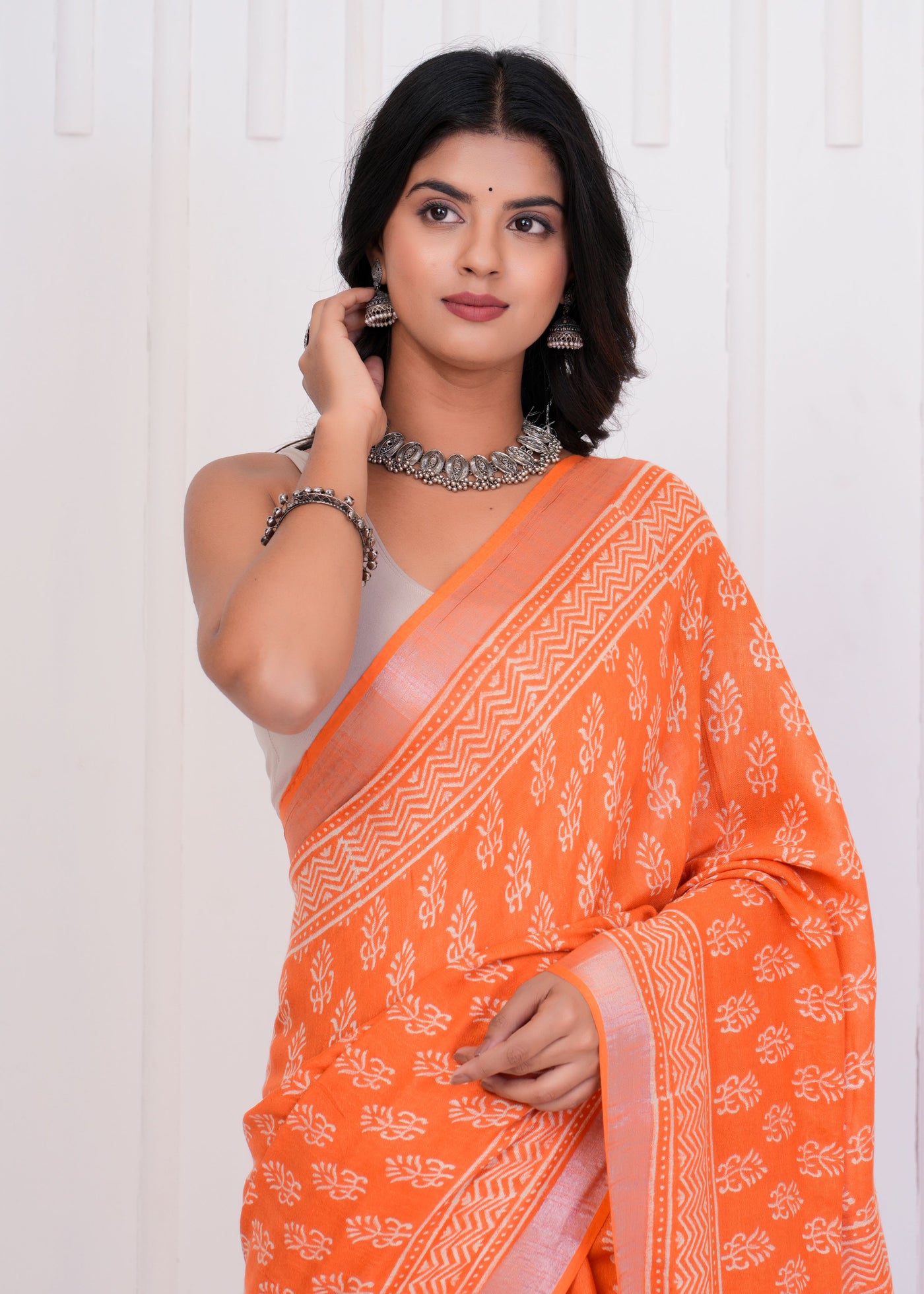 Hand Block Printed Cotton Linen Saree With Blouse ( LS0503 )