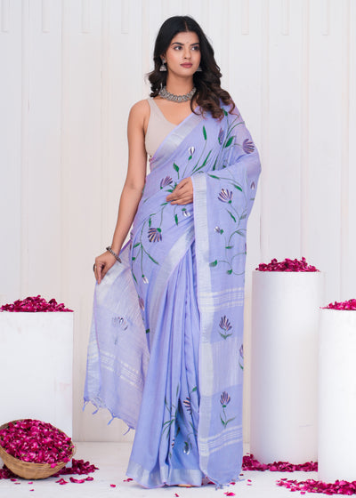 Hand Block Printed Cotton Linen Saree With Blouse ( LS0505 )