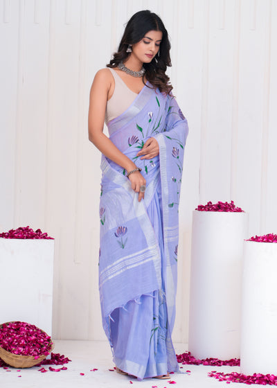 Hand Block Printed Cotton Linen Saree With Blouse ( LS0505 )