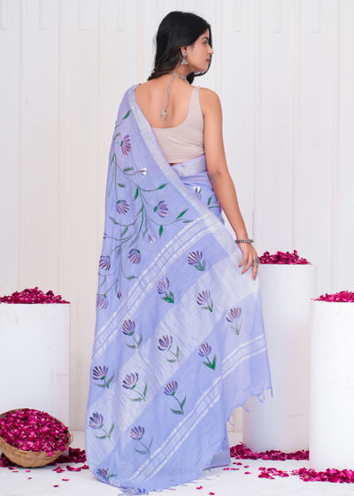 Hand Block Printed Cotton Linen Saree With Blouse ( LS0505 )