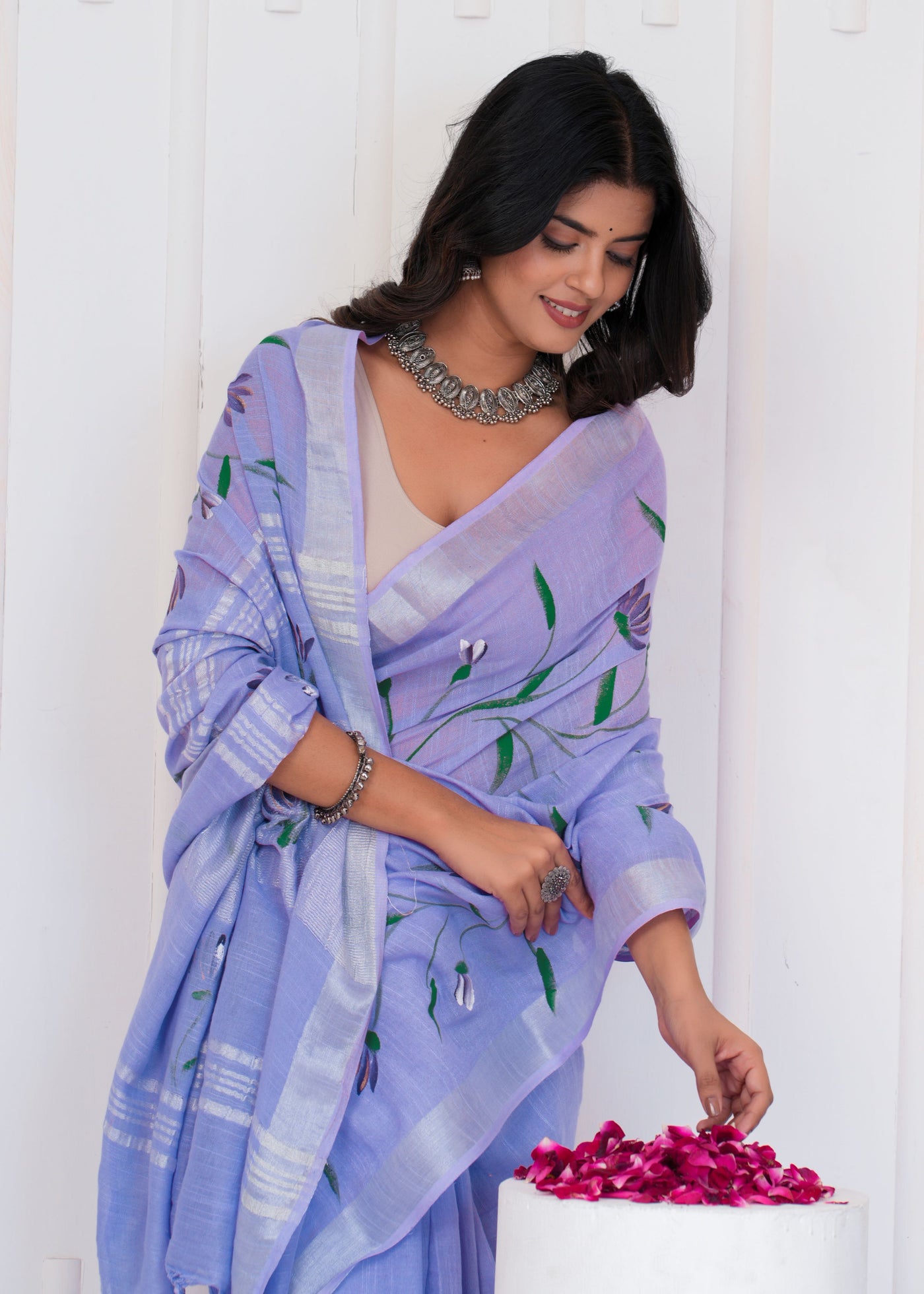 Hand Block Printed Cotton Linen Saree With Blouse ( LS0505 )