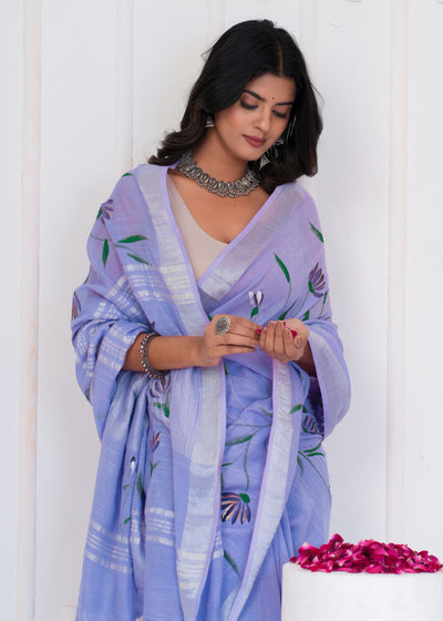 Hand Block Printed Cotton Linen Saree With Blouse ( LS0505 )