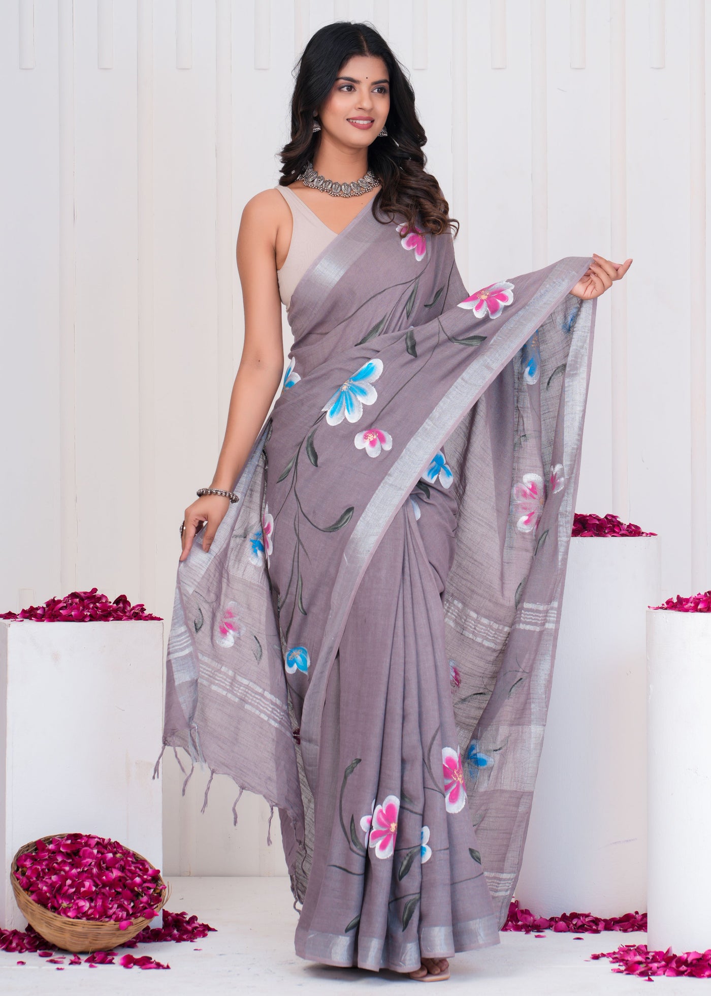 Hand Block Printed Cotton Linen Saree With Blouse ( LS0514 )