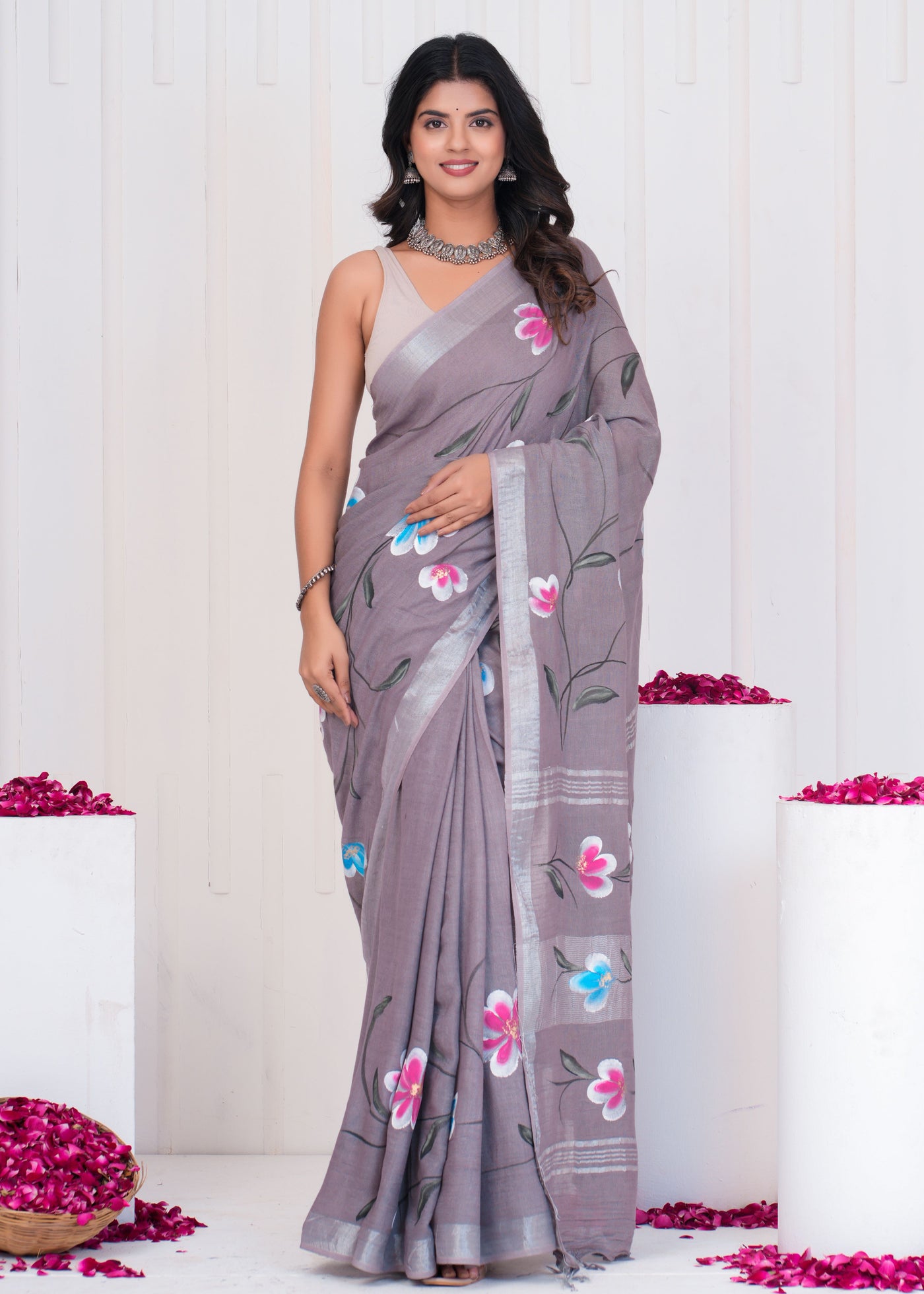 Hand Block Printed Cotton Linen Saree With Blouse ( LS0514 )