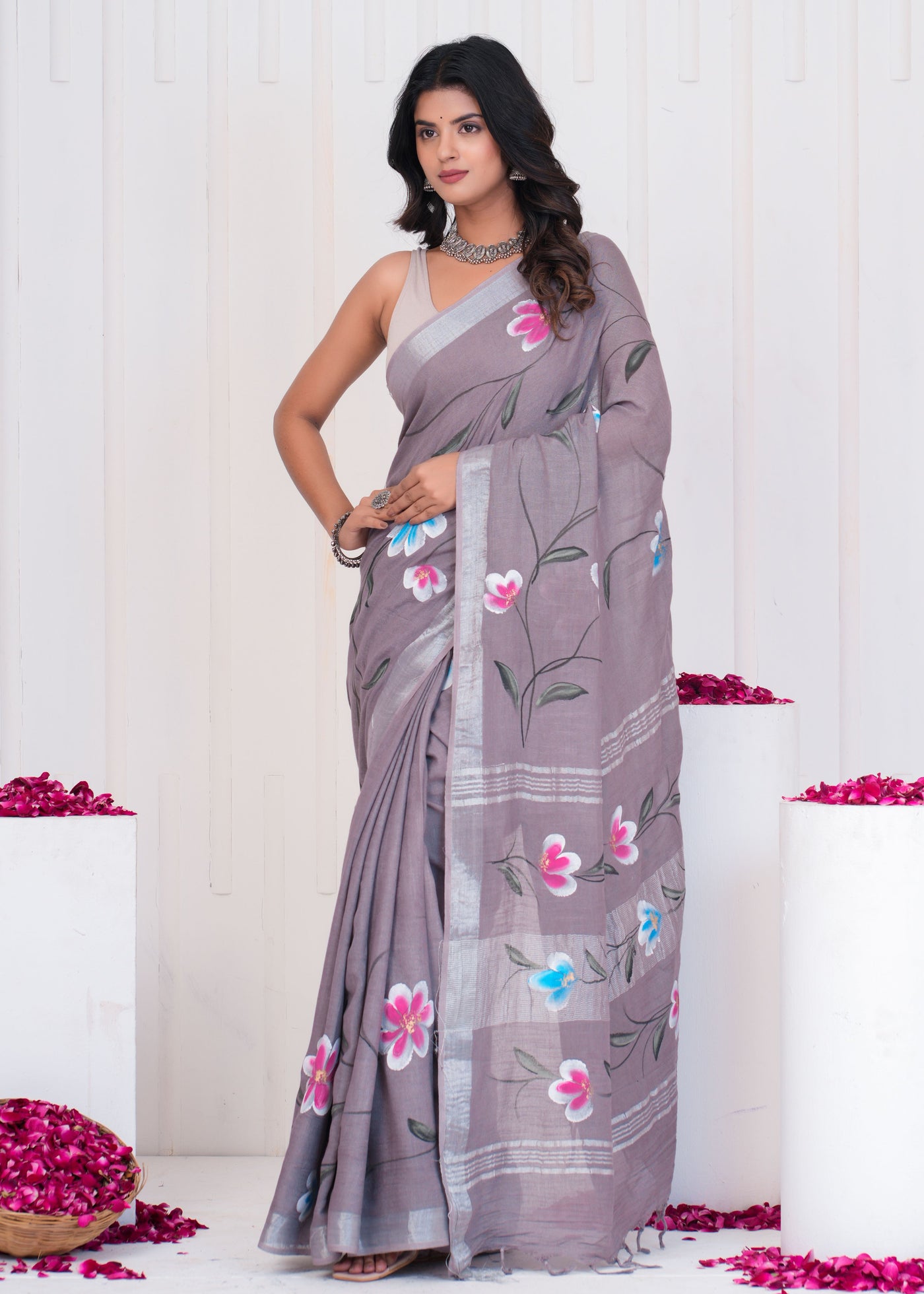 Hand Block Printed Cotton Linen Saree With Blouse ( LS0514 )